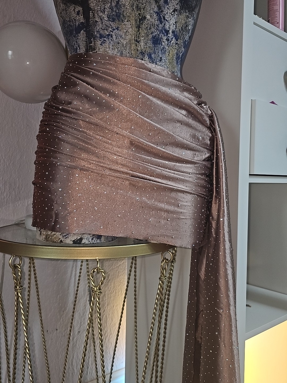 Rhinestone-Dotted Satin Mini Skirt in Taupe with Draped Sash